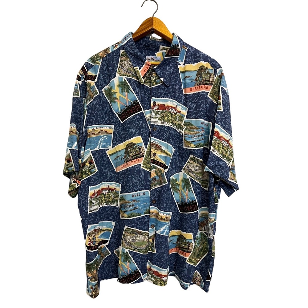 Reyn Spooner Hawaiian Shirt Mens XXL Blue California Postcard Print Rayon Aloha